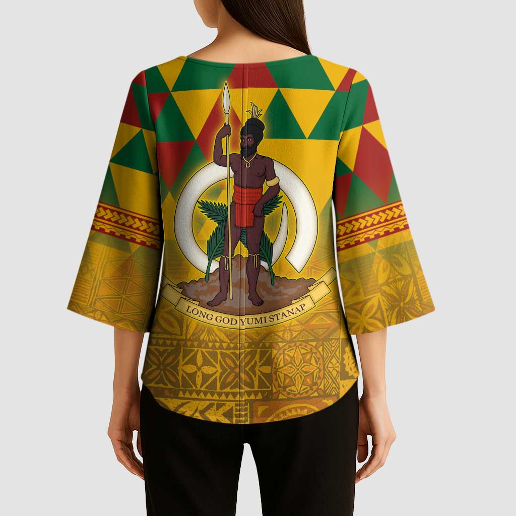 Melanesian Vanuatu Kimono Sleeve Blouse With Tapa Tribal Pattern and Triangle Geometric Tricolor - Polynesian Pride