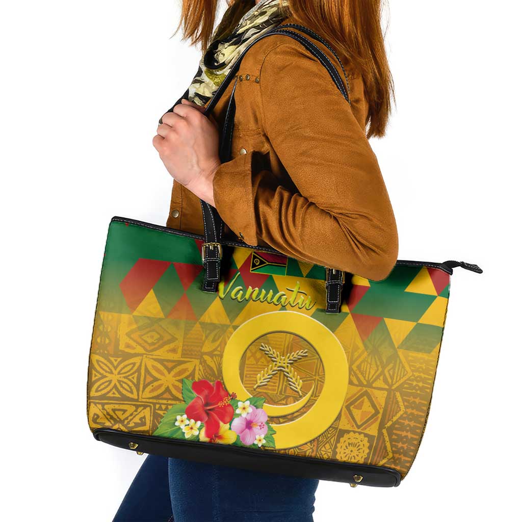 Melanesian Vanuatu Leather Tote Bag With Tapa Tribal Pattern and Triangle Geometric Tricolor - Polynesian Pride