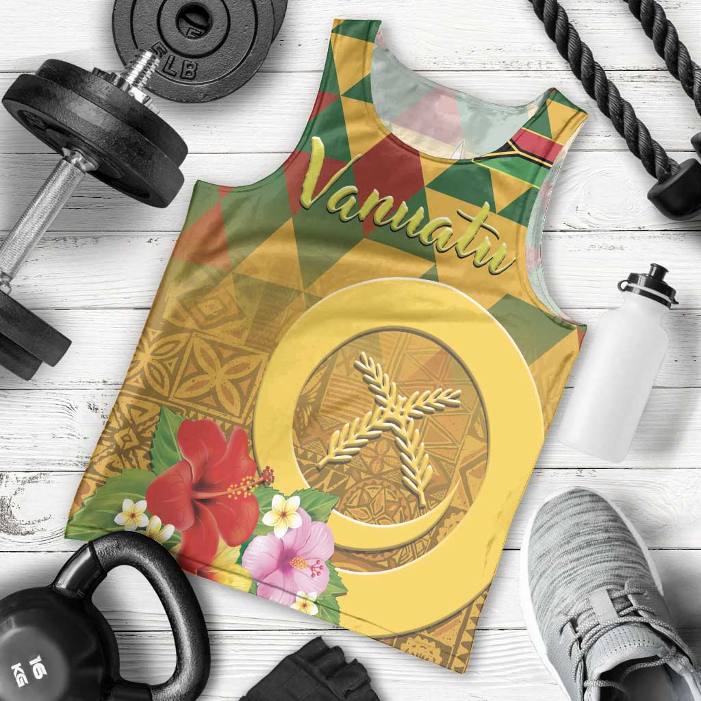 Melanesian Vanuatu Men Tank Top With Tapa Tribal Pattern and Triangle Geometric Tricolor - Polynesian Pride