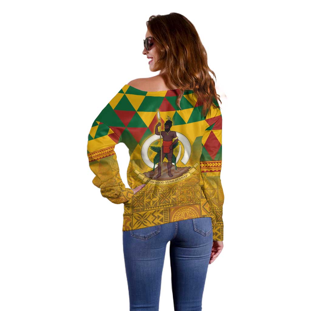 Melanesian Vanuatu Off Shoulder Sweater With Tapa Tribal Pattern and Triangle Geometric Tricolor - Polynesian Pride
