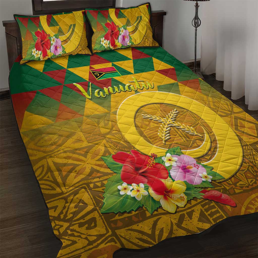 Melanesian Vanuatu Quilt Bed Set With Tapa Tribal Pattern and Triangle Geometric Tricolor - Polynesian Pride