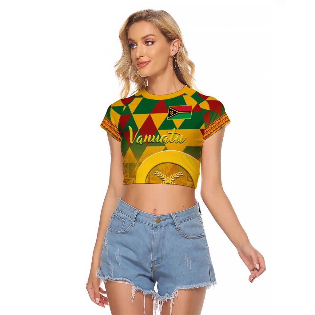 Melanesian Vanuatu Raglan Cropped T Shirt With Tapa Tribal Pattern and Triangle Geometric Tricolor - Polynesian Pride