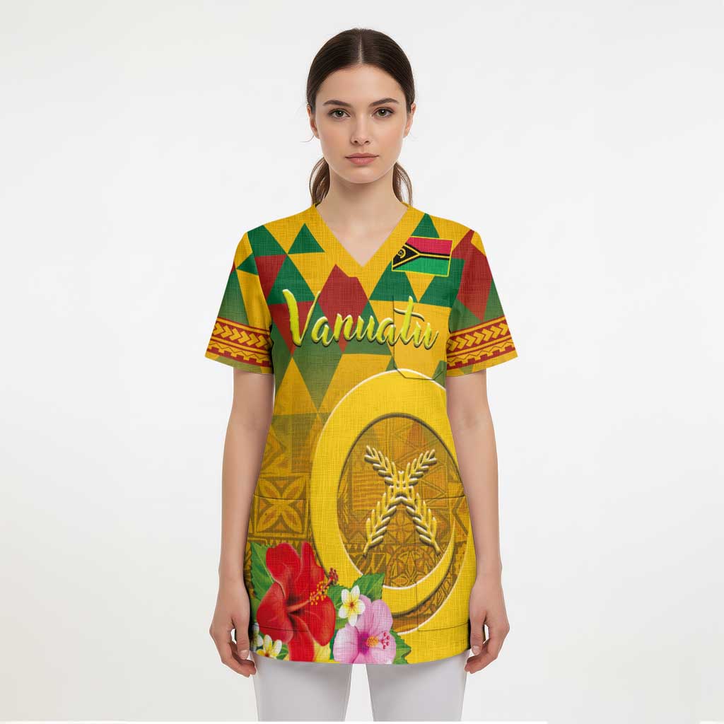 Melanesian Vanuatu Scrub Top With Tapa Tribal Pattern and Triangle Geometric Tricolor - Polynesian Pride