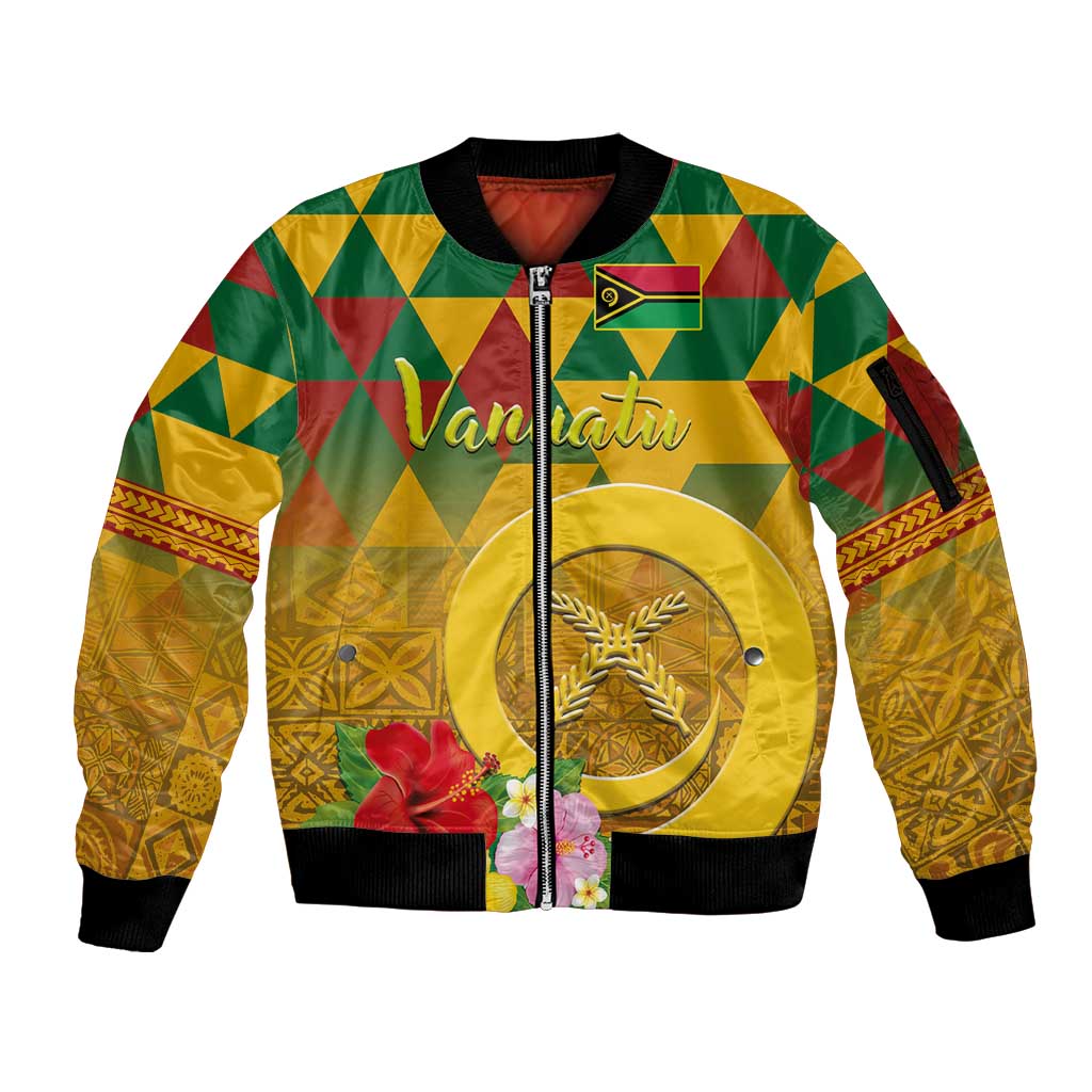 Melanesian Vanuatu Sleeve Zip Bomber Jacket With Tapa Tribal Pattern and Triangle Geometric Tricolor - Polynesian Pride