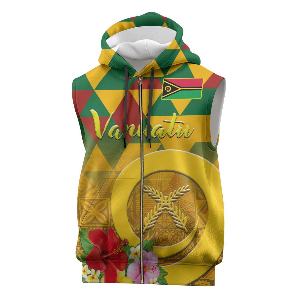 Melanesian Vanuatu Sleeveless Zip Hoodie With Tapa Tribal Pattern and Triangle Geometric Tricolor - Polynesian Pride