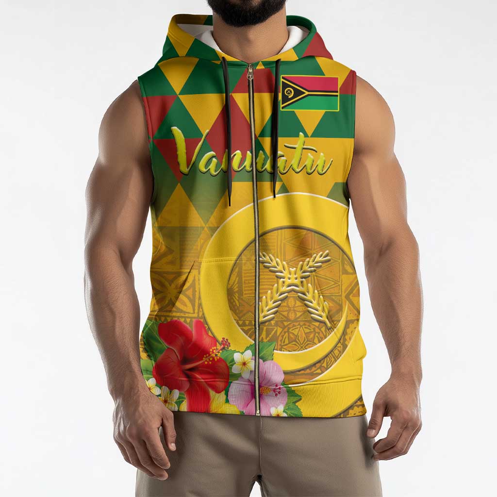 Melanesian Vanuatu Sleeveless Zip Hoodie With Tapa Tribal Pattern and Triangle Geometric Tricolor - Polynesian Pride