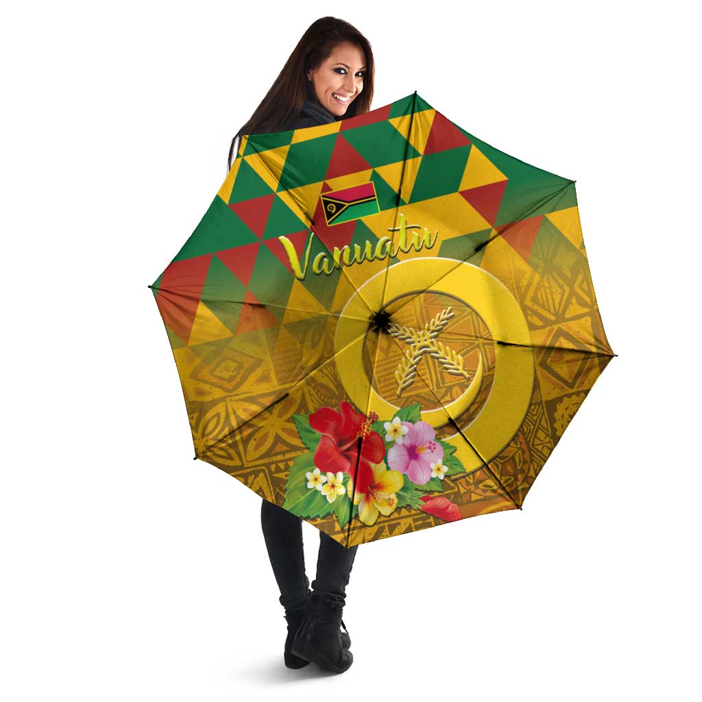 Melanesian Vanuatu Umbrella With Tapa Tribal Pattern and Triangle Geometric Tricolor - Polynesian Pride