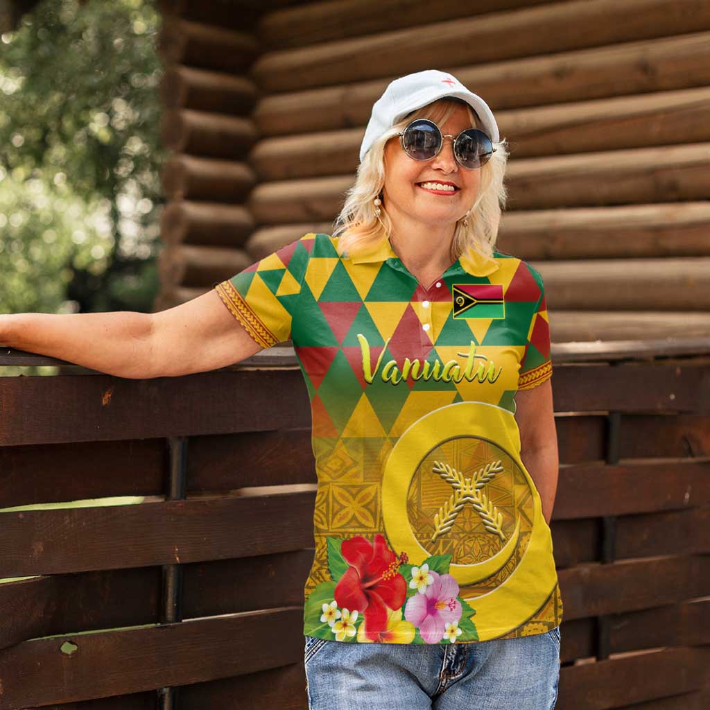 Melanesian Vanuatu Women Polo Shirt With Tapa Tribal Pattern and Triangle Geometric Tricolor - Polynesian Pride