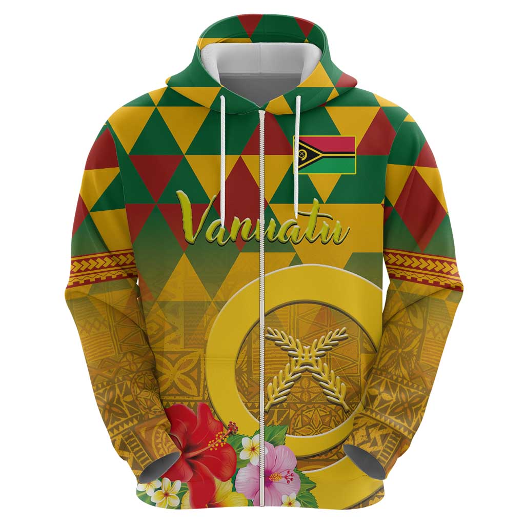 Melanesian Vanuatu Zip Hoodie With Tapa Tribal Pattern and Triangle Geometric Tricolor - Polynesian Pride