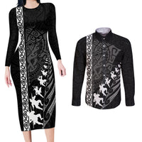 New Zealand Rugby Couples Matching Long Sleeve Bodycon Dress and Long Sleeve Button Shirts Haka Dance Tribal God Mask Maori Pattern LT03 Black - Polynesian Pride