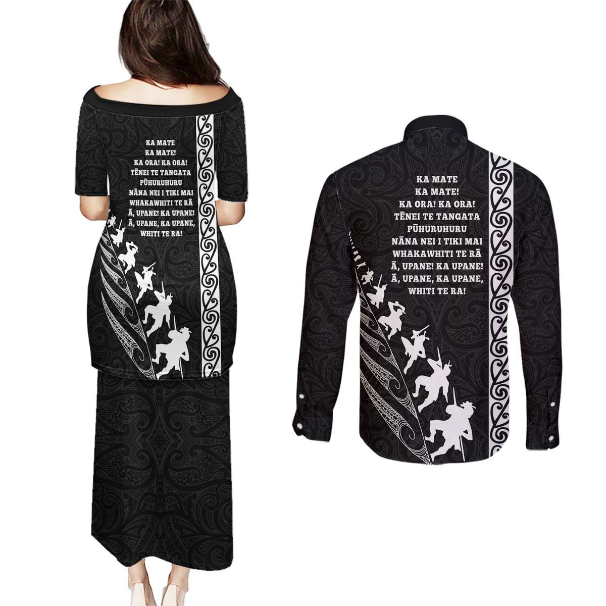 New Zealand Rugby Couples Matching Puletasi Dress and Long Sleeve Button Shirts Haka Dance Tribal God Mask Maori Pattern LT03 - Polynesian Pride