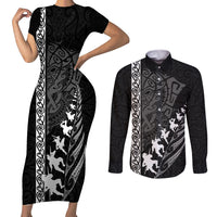 New Zealand Rugby Couples Matching Short Sleeve Bodycon Dress and Long Sleeve Button Shirts Haka Dance Tribal God Mask Maori Pattern LT03 Black - Polynesian Pride