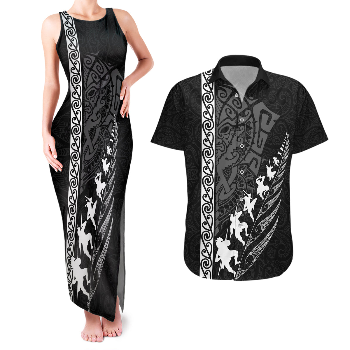 New Zealand Rugby Couples Matching Tank Maxi Dress and Hawaiian Shirt Haka Dance Tribal God Mask Maori Pattern LT03 Black - Polynesian Pride