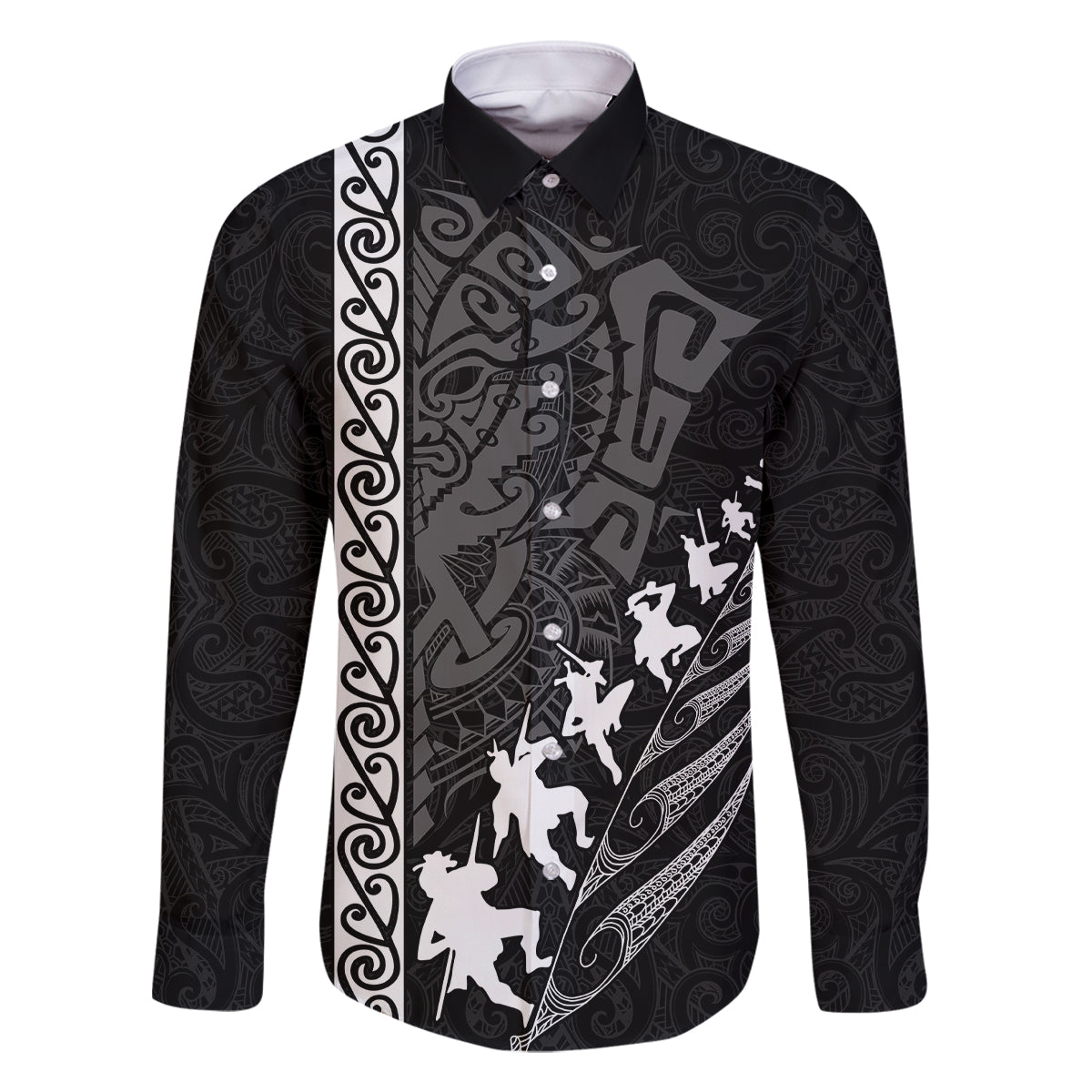 New Zealand Rugby Family Matching Summer Maxi Dress and Hawaiian Shirt Haka Dance Tribal God Mask Maori Pattern LT03 Dad's Shirt - Long Sleeve Black - Polynesian Pride