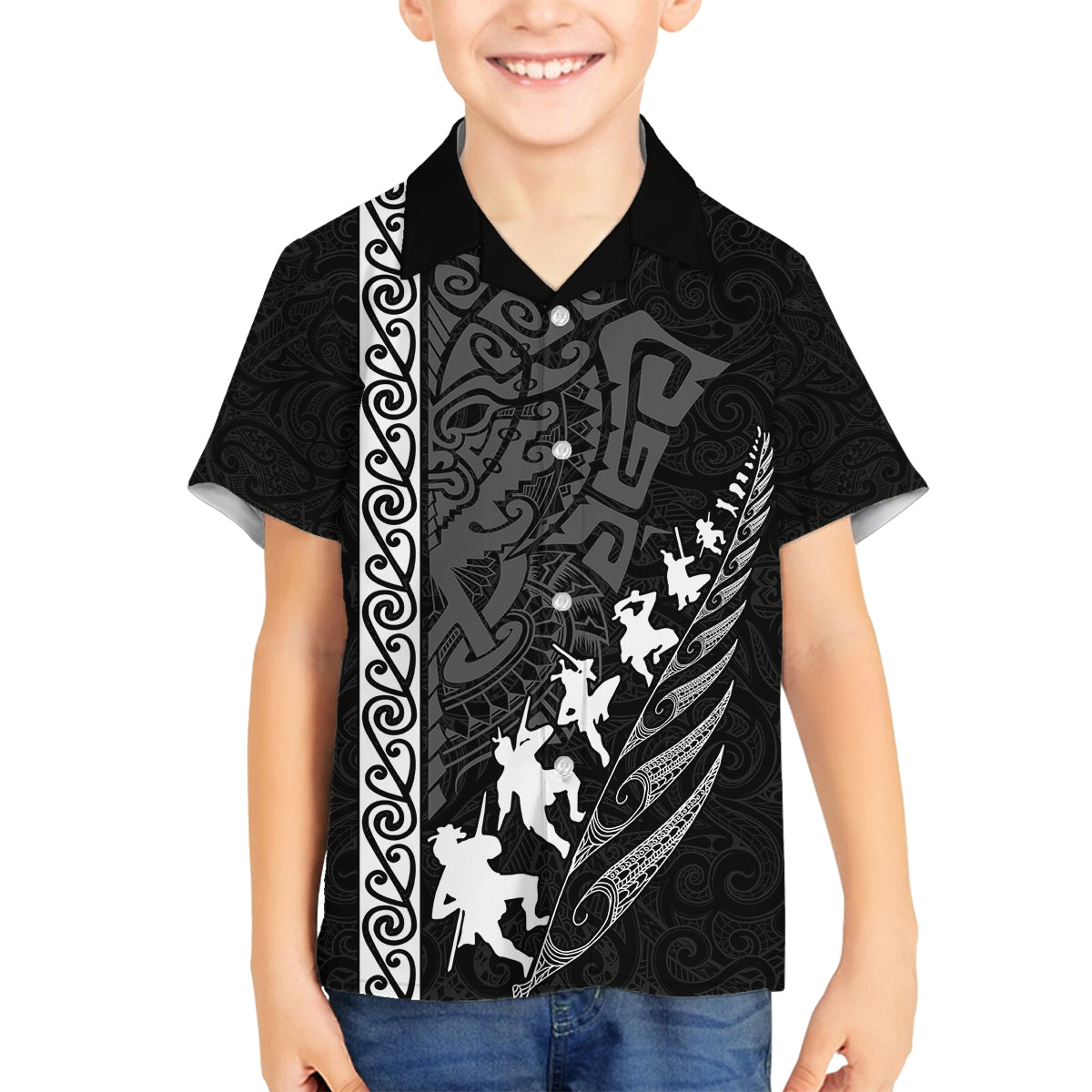 New Zealand Rugby Family Matching Summer Maxi Dress and Hawaiian Shirt Haka Dance Tribal God Mask Maori Pattern LT03 Son's Shirt Black - Polynesian Pride