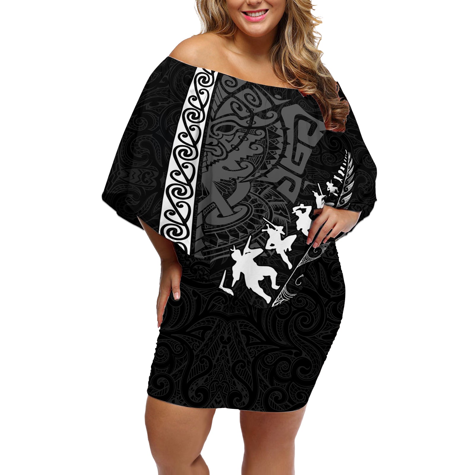 new-zealand-rugby-off-shoulder-short-dress-haka-dance-tribal-god-mask-maori-pattern