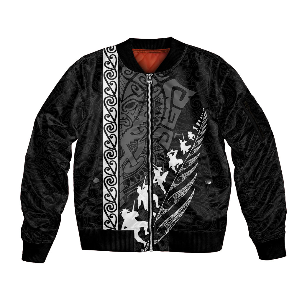 New Zealand Rugby Sleeve Zip Bomber Jacket Haka Dance Tribal God Mask Maori Pattern LT03 Unisex Black - Polynesian Pride