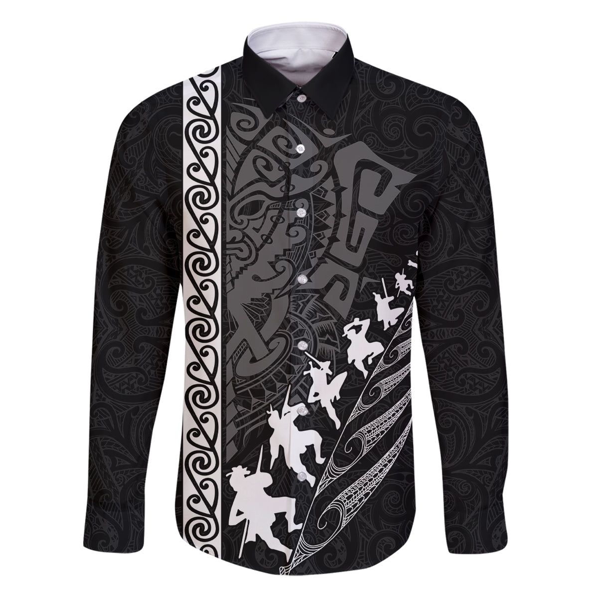 Custom New Zealand Rugby Family Matching Puletasi Dress and Hawaiian Shirt Haka Dance Tribal God Mask Maori Pattern LT03 Dad's Shirt - Long Sleeve Black - Polynesian Pride