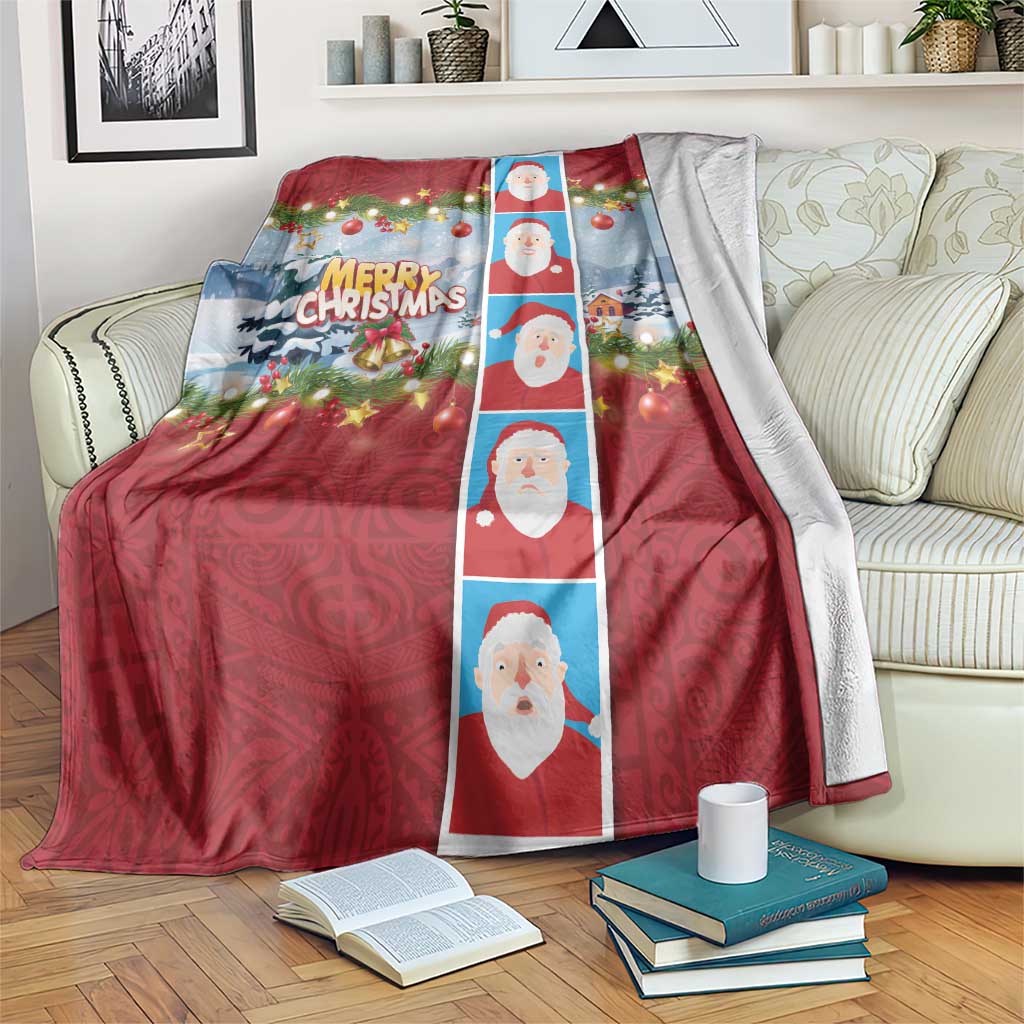 Merry Christmas Blanket Funny Santa Claus Cards Photo and Polynesian Pattern Red Color