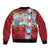 Merry Christmas Bomber Jacket Funny Santa Claus Cards Photo and Polynesian Pattern Red Color