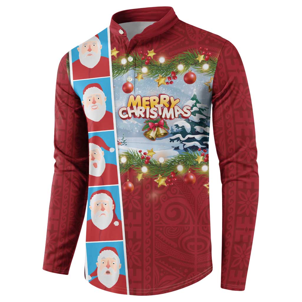 Merry Christmas Button Sweatshirt Funny Santa Claus Cards Photo and Polynesian Pattern Red Color
