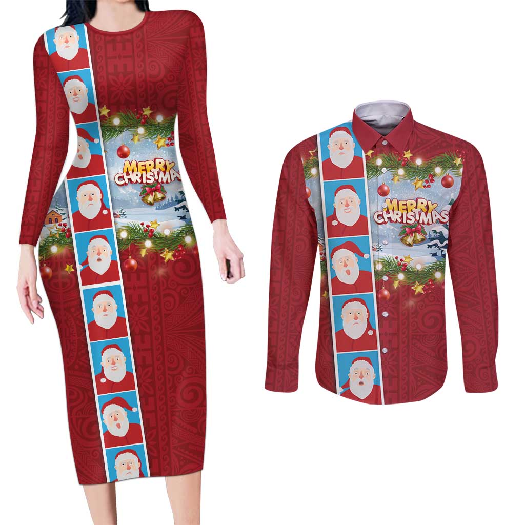 Merry Christmas Couples Matching Long Sleeve Bodycon Dress and Long Sleeve Button Shirt Funny Santa Claus Cards Photo and Polynesian Pattern Red Color LT03 Red - Polynesian Pride