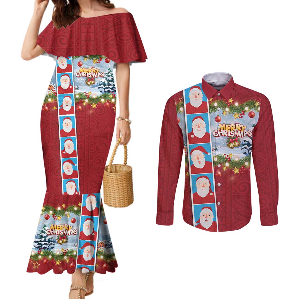 Merry Christmas Couples Matching Mermaid Dress and Long Sleeve Button Shirt Funny Santa Claus Cards Photo and Polynesian Pattern Red Color LT03 Red - Polynesian Pride