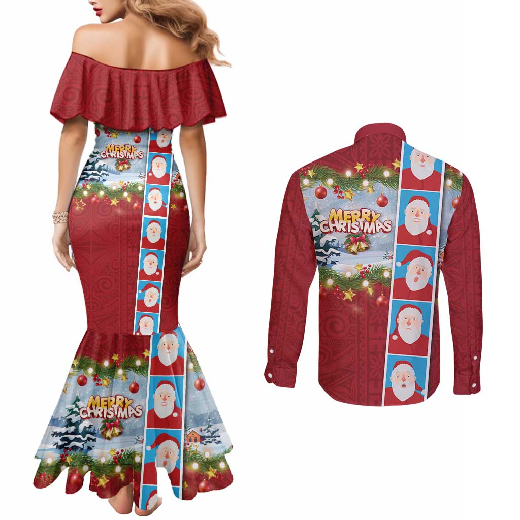 Merry Christmas Couples Matching Mermaid Dress and Long Sleeve Button Shirt Funny Santa Claus Cards Photo and Polynesian Pattern Red Color LT03 - Polynesian Pride