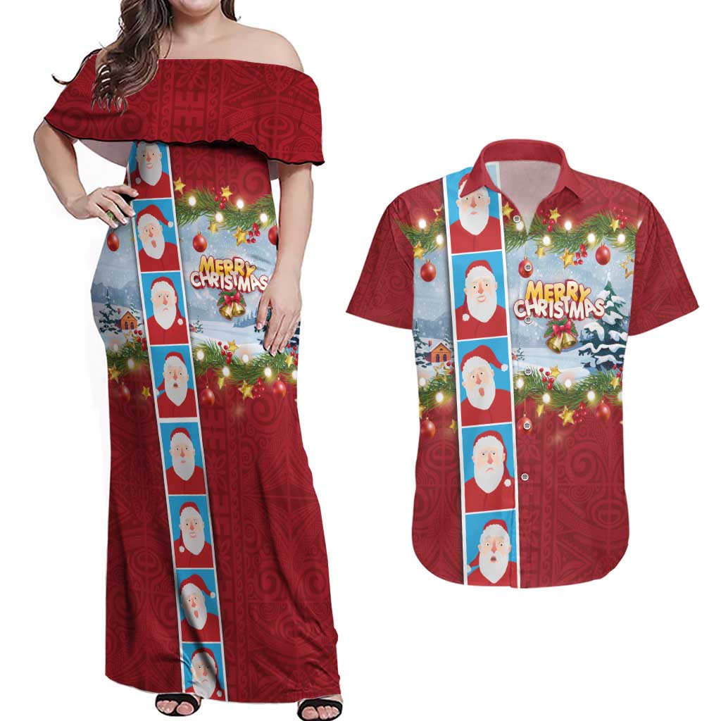 Merry Christmas Couples Matching Off Shoulder Maxi Dress and Hawaiian Shirt Funny Santa Claus Cards Photo and Polynesian Pattern Red Color