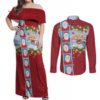 Merry Christmas Couples Matching Off Shoulder Maxi Dress and Long Sleeve Button Shirt Funny Santa Claus Cards Photo and Polynesian Pattern Red Color LT03 Red - Polynesian Pride