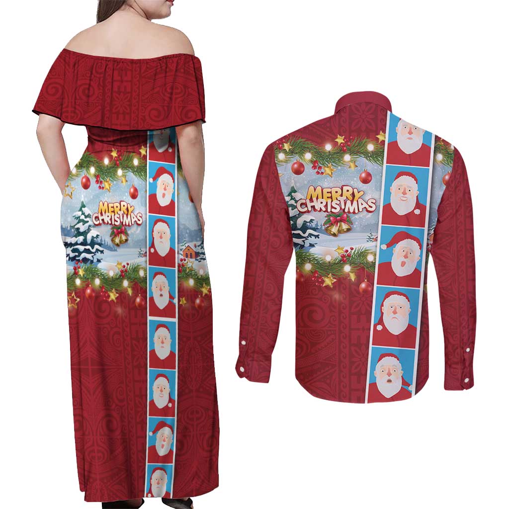 Merry Christmas Couples Matching Off Shoulder Maxi Dress and Long Sleeve Button Shirt Funny Santa Claus Cards Photo and Polynesian Pattern Red Color LT03 - Polynesian Pride