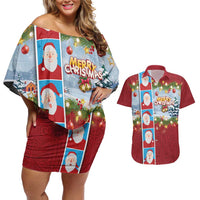 Merry Christmas Couples Matching Off Shoulder Short Dress and Hawaiian Shirt Funny Santa Claus Cards Photo and Polynesian Pattern Red Color LT03 Red - Polynesian Pride