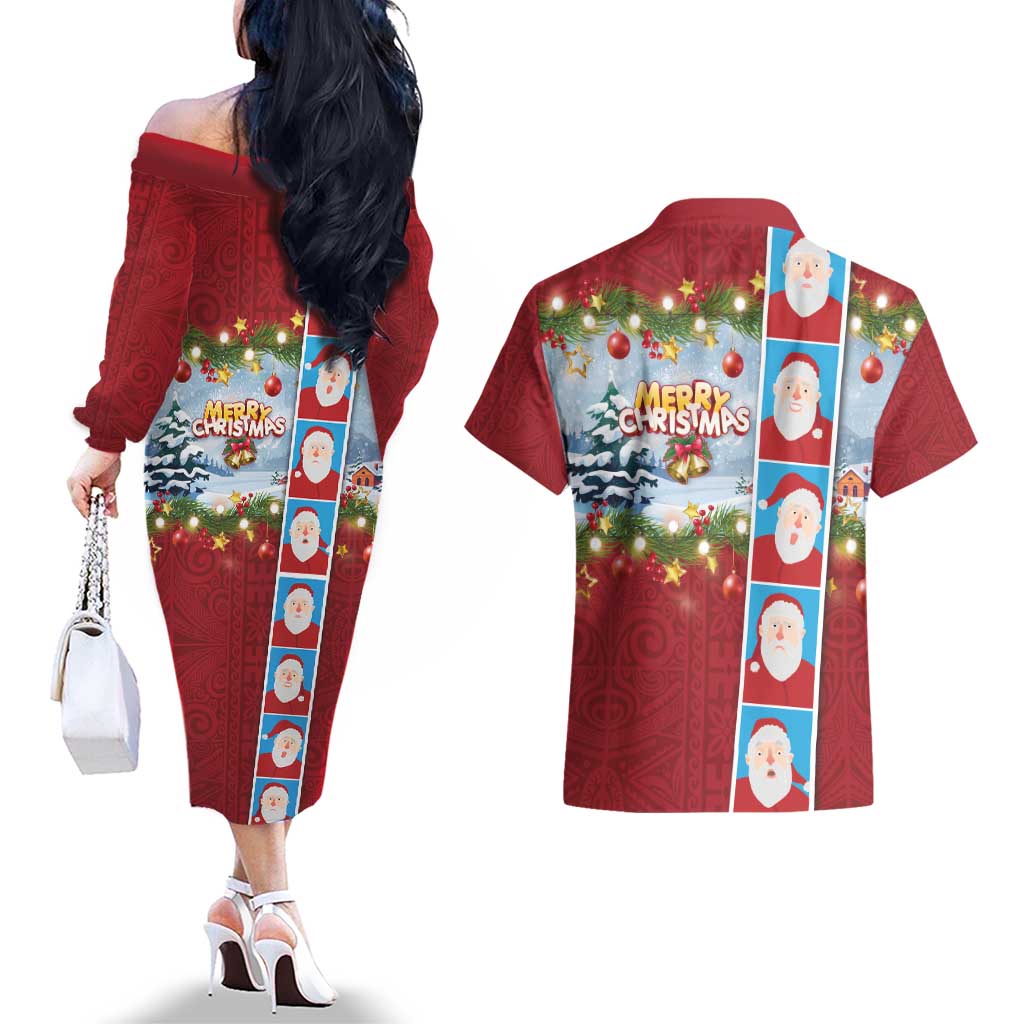 Merry Christmas Couples Matching Off The Shoulder Long Sleeve Dress and Hawaiian Shirt Funny Santa Claus Cards Photo and Polynesian Pattern Red Color