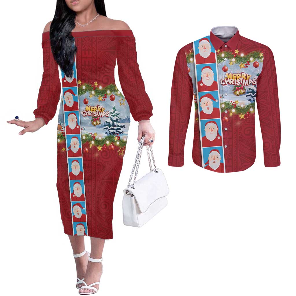 Merry Christmas Couples Matching Off The Shoulder Long Sleeve Dress and Long Sleeve Button Shirt Funny Santa Claus Cards Photo and Polynesian Pattern Red Color LT03 Red - Polynesian Pride