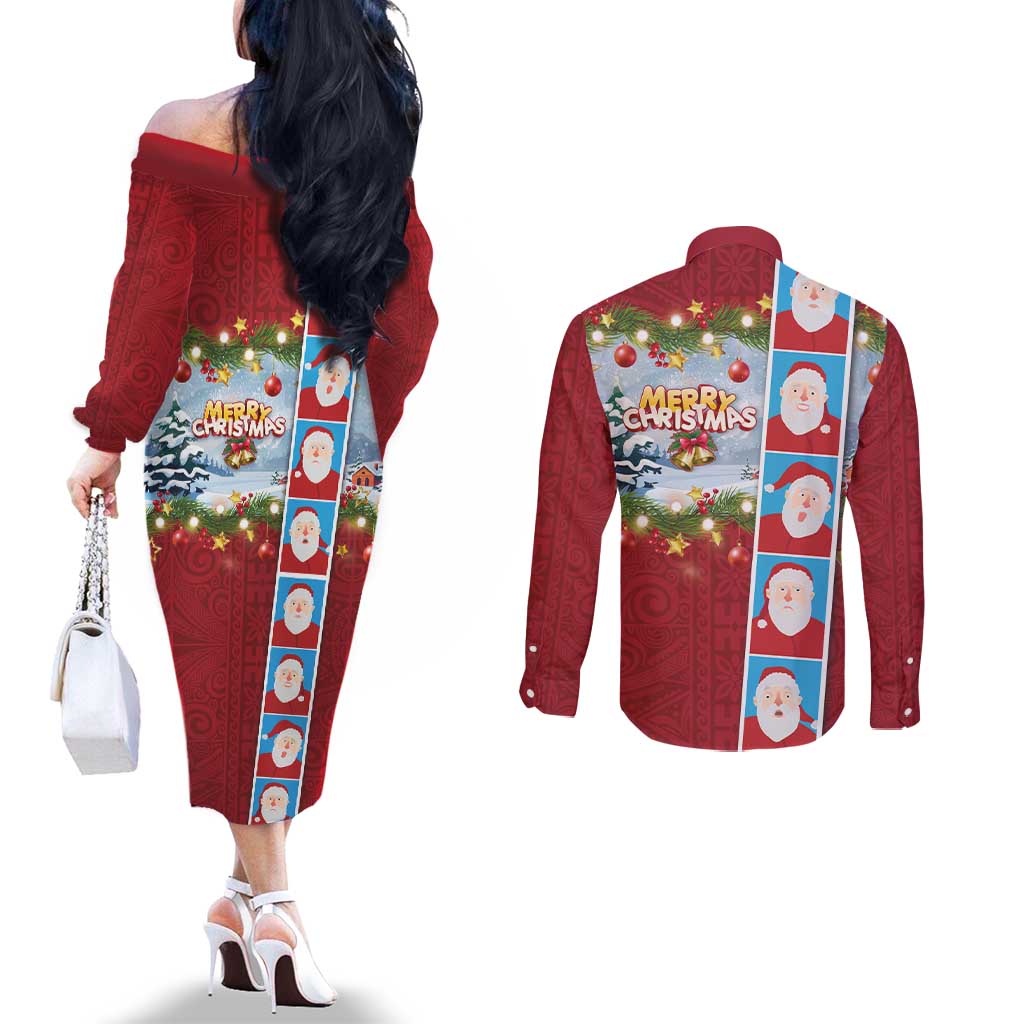 Merry Christmas Couples Matching Off The Shoulder Long Sleeve Dress and Long Sleeve Button Shirt Funny Santa Claus Cards Photo and Polynesian Pattern Red Color LT03 - Polynesian Pride