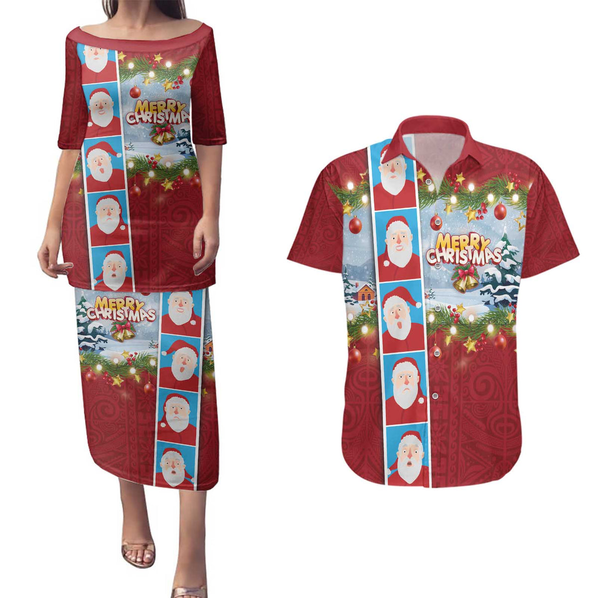 Merry Christmas Couples Matching Puletasi and Hawaiian Shirt Funny Santa Claus Cards Photo and Polynesian Pattern Red Color LT03 Red - Polynesian Pride