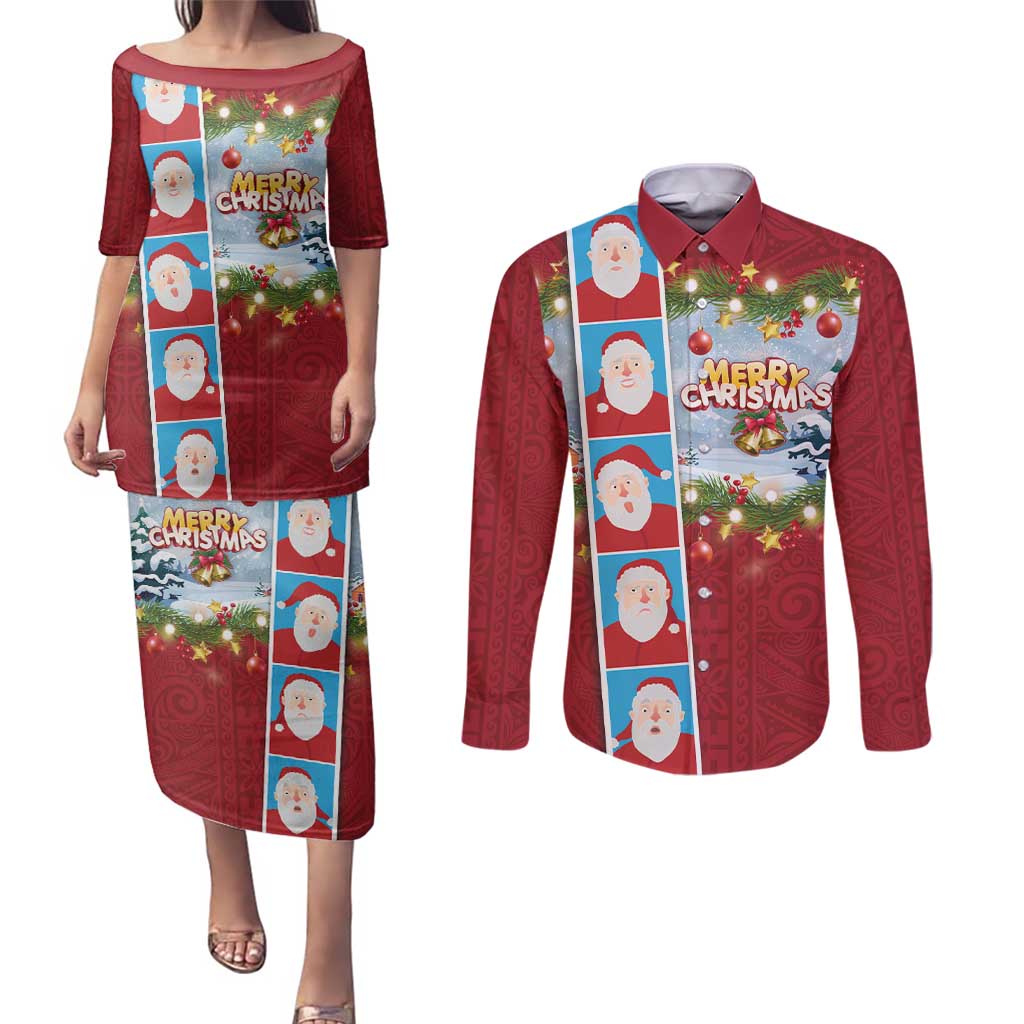 Merry Christmas Couples Matching Puletasi and Long Sleeve Button Shirt Funny Santa Claus Cards Photo and Polynesian Pattern Red Color LT03 Red - Polynesian Pride