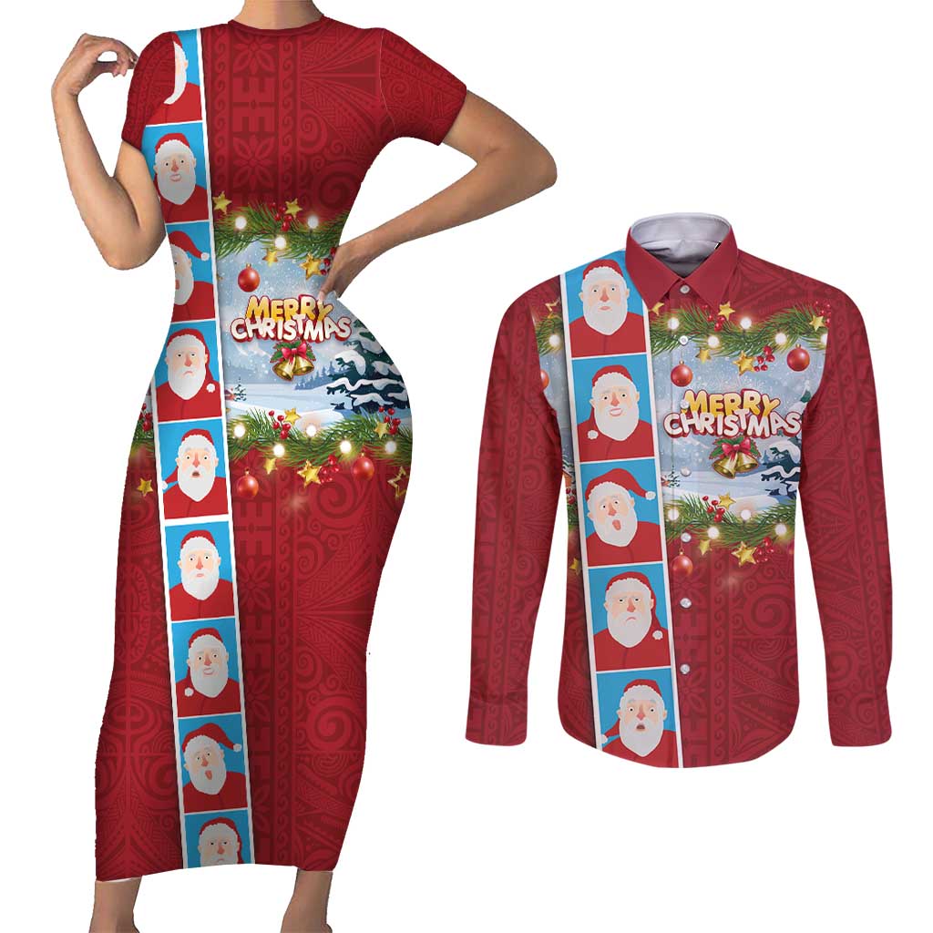 Merry Christmas Couples Matching Short Sleeve Bodycon Dress and Long Sleeve Button Shirt Funny Santa Claus Cards Photo and Polynesian Pattern Red Color LT03 Red - Polynesian Pride