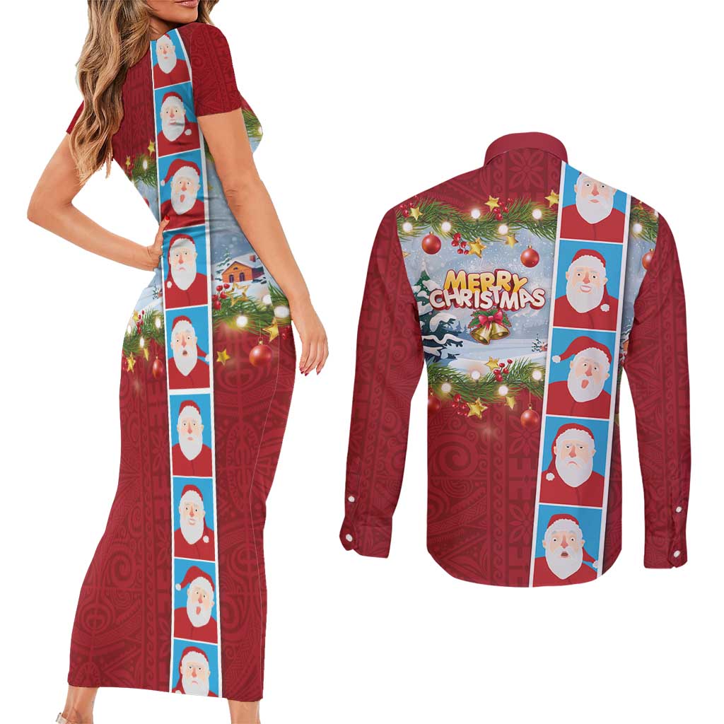 Merry Christmas Couples Matching Short Sleeve Bodycon Dress and Long Sleeve Button Shirt Funny Santa Claus Cards Photo and Polynesian Pattern Red Color LT03 - Polynesian Pride