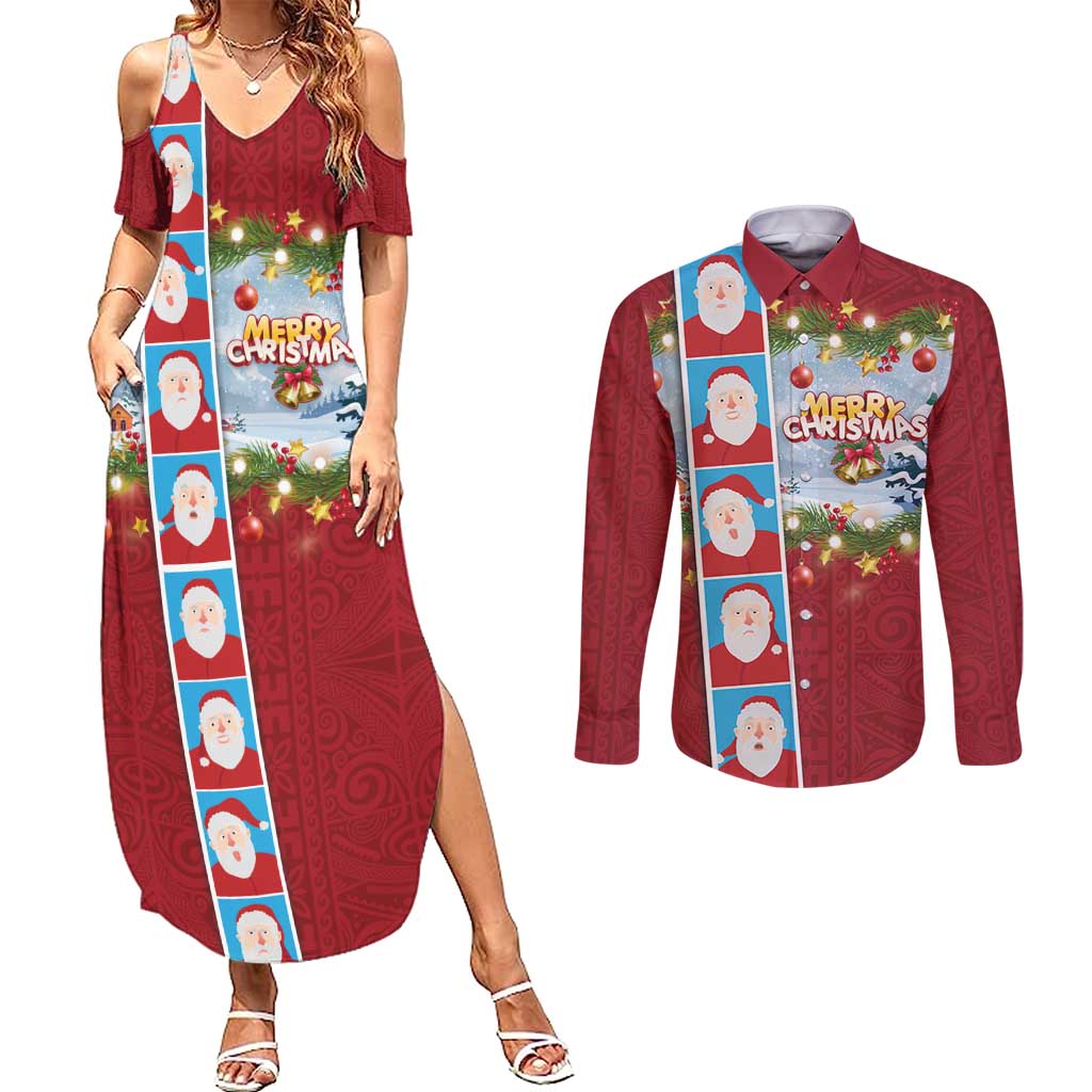 Merry Christmas Couples Matching Summer Maxi Dress and Long Sleeve Button Shirt Funny Santa Claus Cards Photo and Polynesian Pattern Red Color LT03 Red - Polynesian Pride