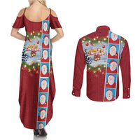 Merry Christmas Couples Matching Summer Maxi Dress and Long Sleeve Button Shirt Funny Santa Claus Cards Photo and Polynesian Pattern Red Color LT03 - Polynesian Pride