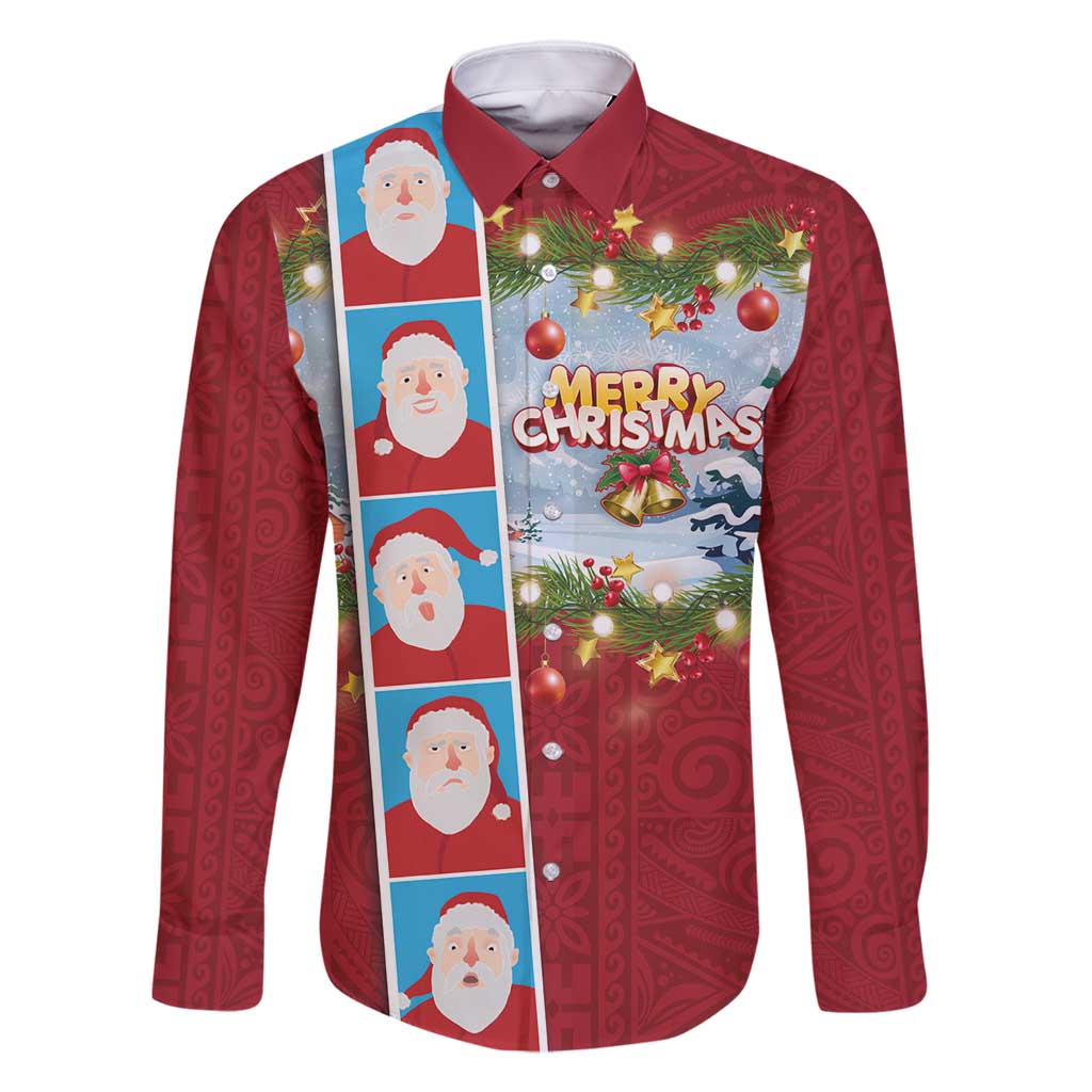 Merry Christmas Family Matching Long Sleeve Bodycon Dress and Hawaiian Shirt Funny Santa Claus Cards Photo and Polynesian Pattern Red Color LT03 Dad's Shirt - Long Sleeve Red - Polynesian Pride