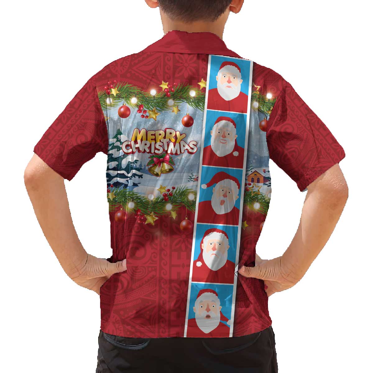Merry Christmas Family Matching Off The Shoulder Long Sleeve Dress and Hawaiian Shirt Funny Santa Claus Cards Photo and Polynesian Pattern Red Color