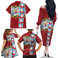Merry Christmas Family Matching Off The Shoulder Long Sleeve Dress and Hawaiian Shirt Funny Santa Claus Cards Photo and Polynesian Pattern Red Color