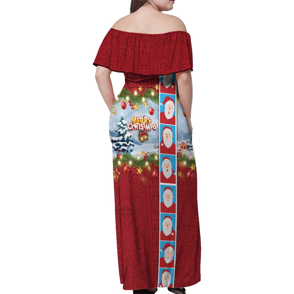 Merry Christmas Family Matching Off Shoulder Maxi Dress and Hawaiian Shirt Funny Santa Claus Cards Photo and Polynesian Pattern Red Color