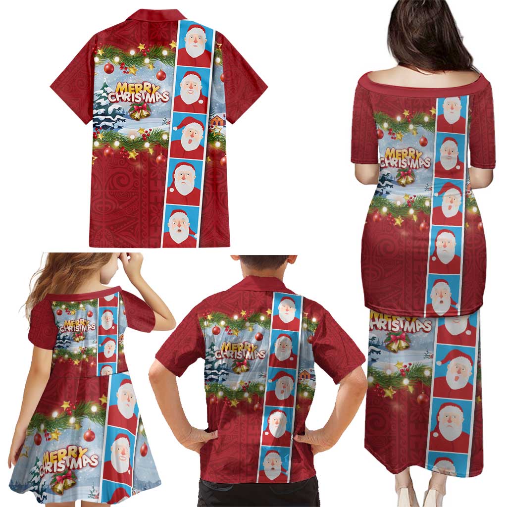 Merry Christmas Family Matching Puletasi and Hawaiian Shirt Funny Santa Claus Cards Photo and Polynesian Pattern Red Color LT03 - Polynesian Pride