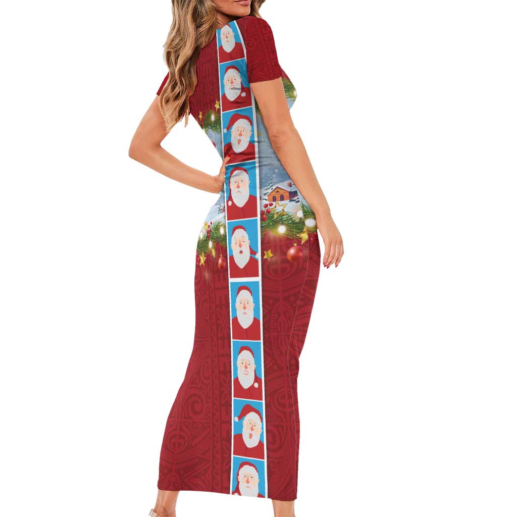 Merry Christmas Family Matching Short Sleeve Bodycon Dress and Hawaiian Shirt Funny Santa Claus Cards Photo and Polynesian Pattern Red Color LT03 - Polynesian Pride
