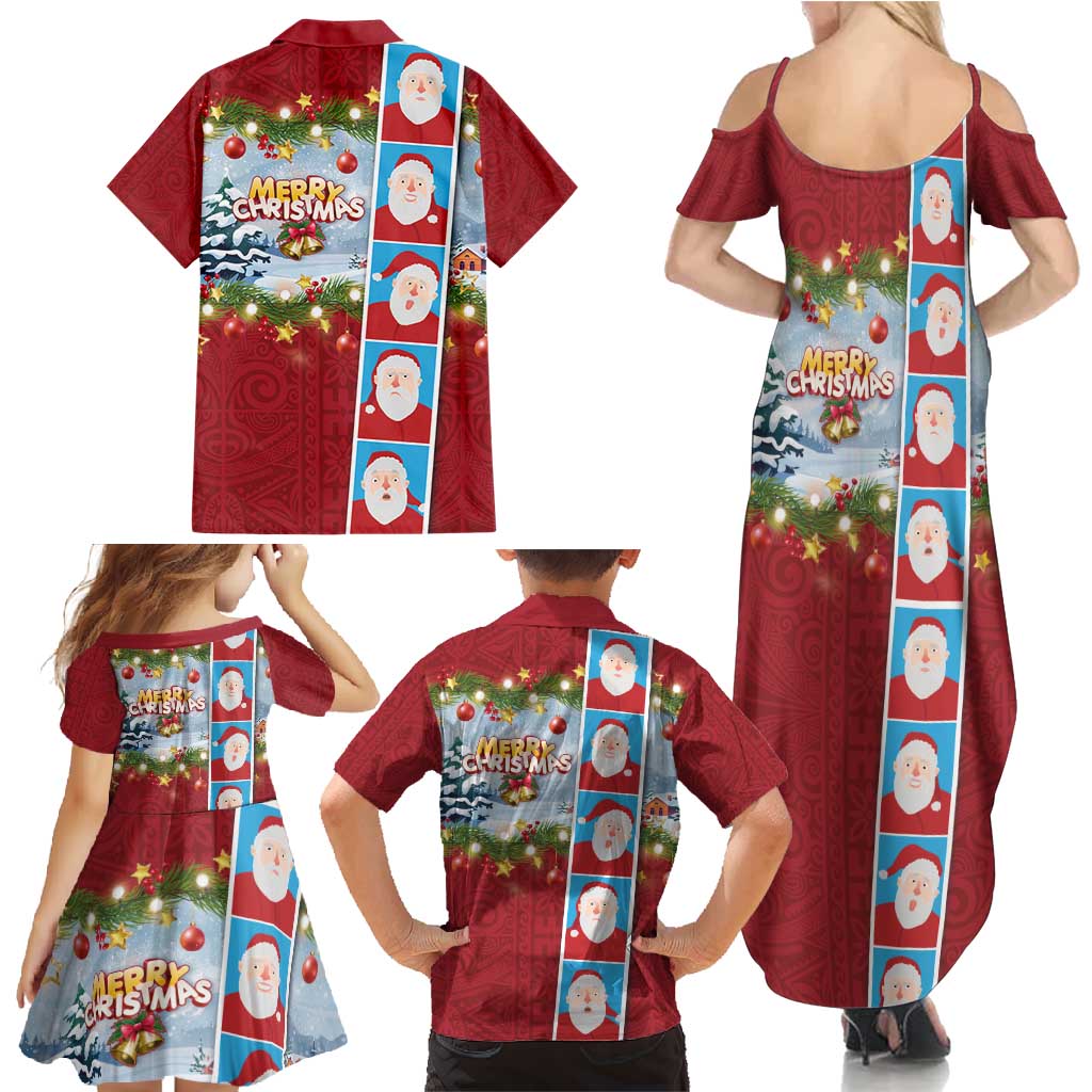 Merry Christmas Family Matching Summer Maxi Dress and Hawaiian Shirt Funny Santa Claus Cards Photo and Polynesian Pattern Red Color
