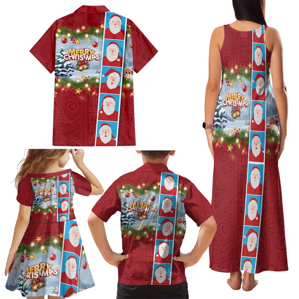 Merry Christmas Family Matching Tank Maxi Dress and Hawaiian Shirt Funny Santa Claus Cards Photo and Polynesian Pattern Red Color