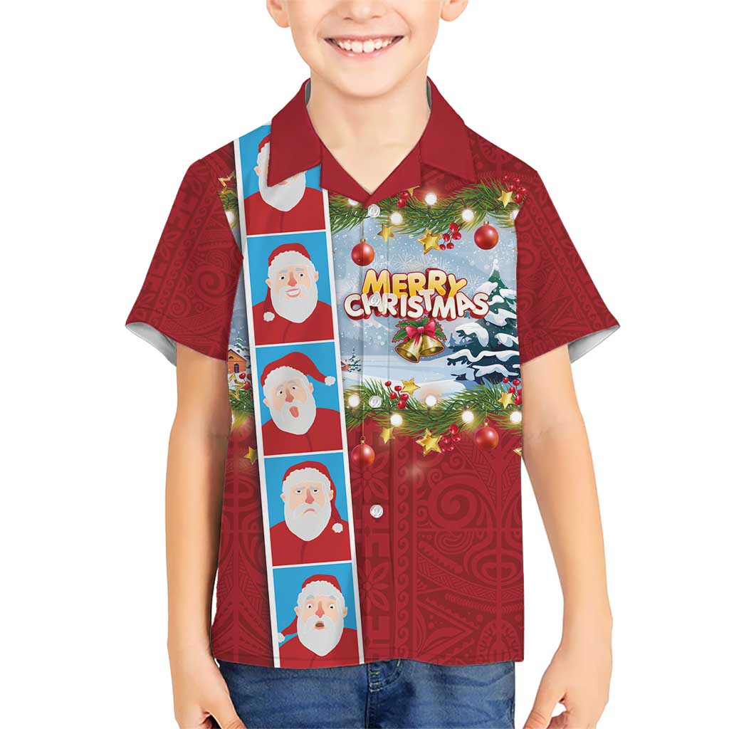 Merry Christmas Kid Hawaiian Shirt Funny Santa Claus Cards Photo and Polynesian Pattern Red Color
